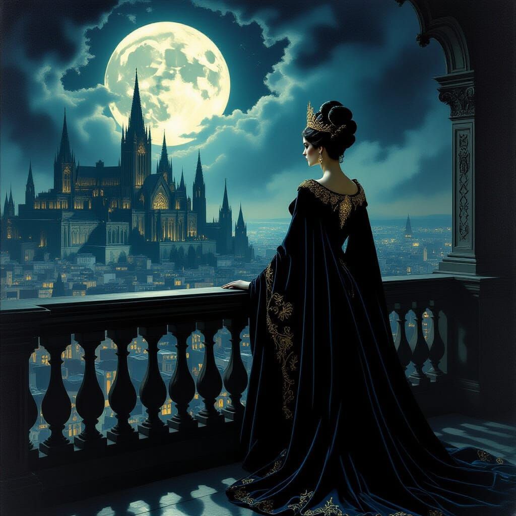 Regal Empress on Moonlit Balcony in Gothic Cityscape