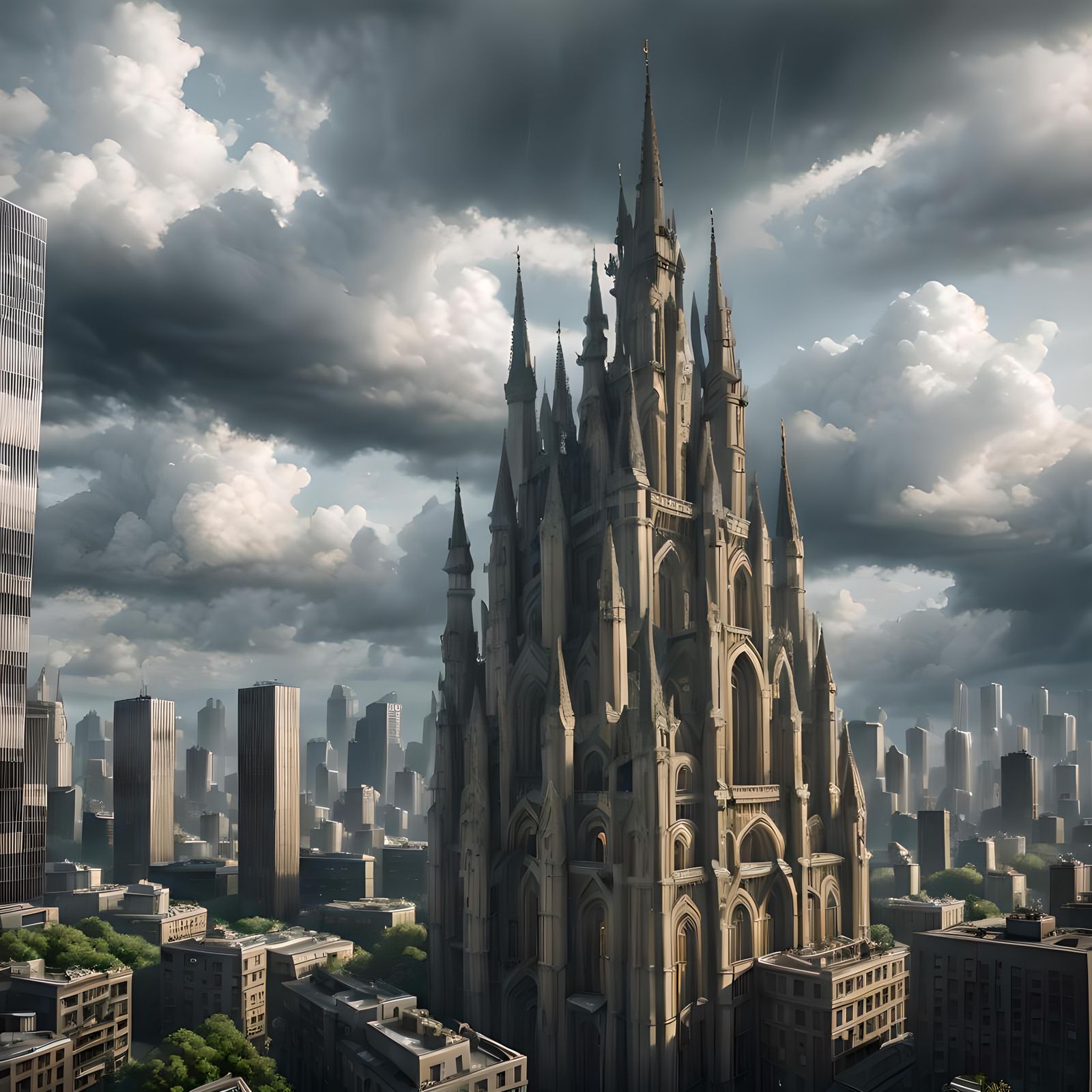 Mushroom City: Surreal Skyscrapers Under Dark Clouds