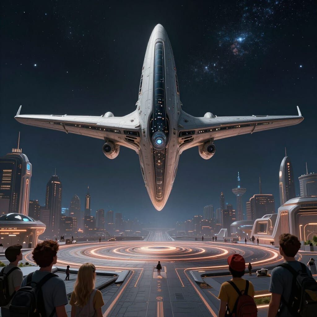 Alien Spaceship Lands Vertically in Futuristic City