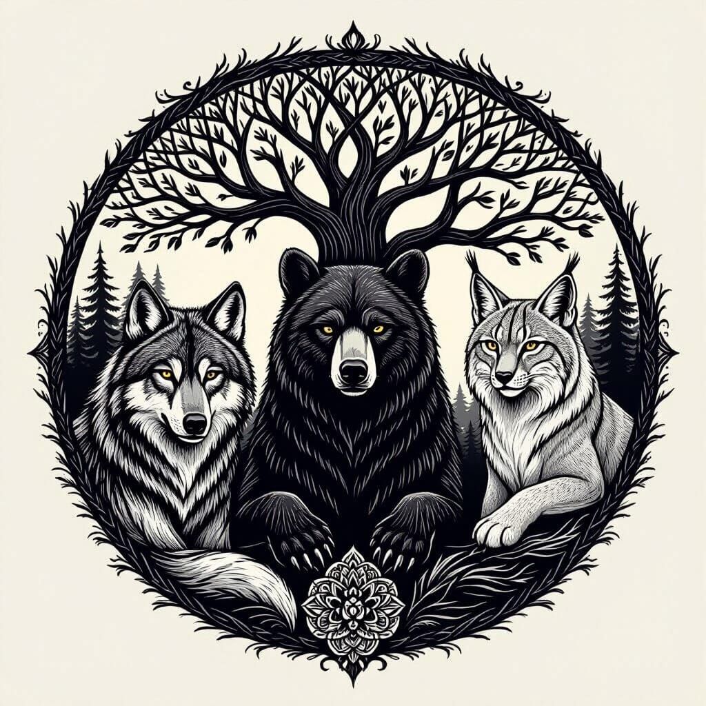 Wolf, Bear, and Lynx Tattoo Design in Black and White