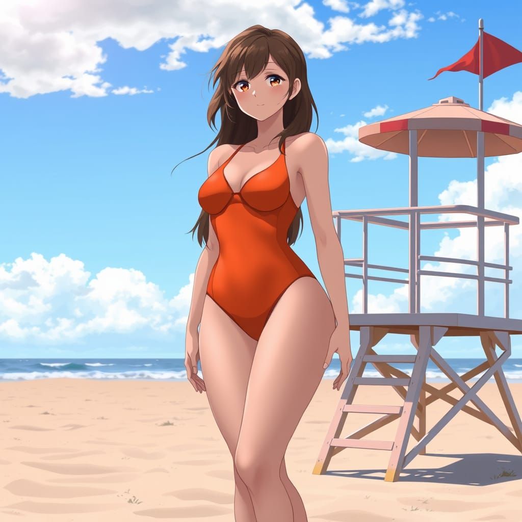 Giant Woman on Beach in Anime Style