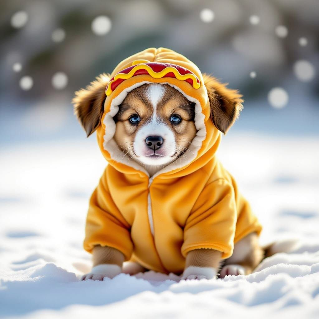 Adorable Puppy in Hotdog Suit on Snowy Field