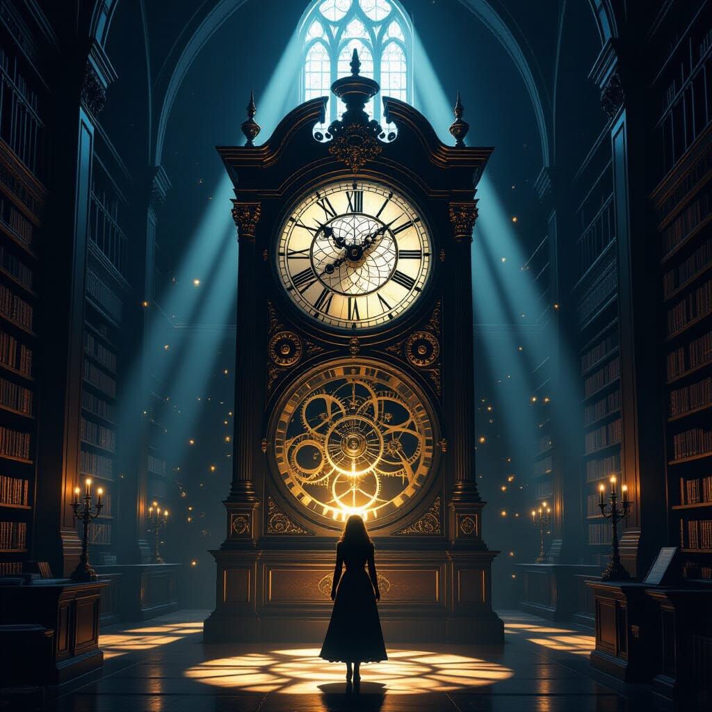 Woman Before Giant Clock in Steampunk Library