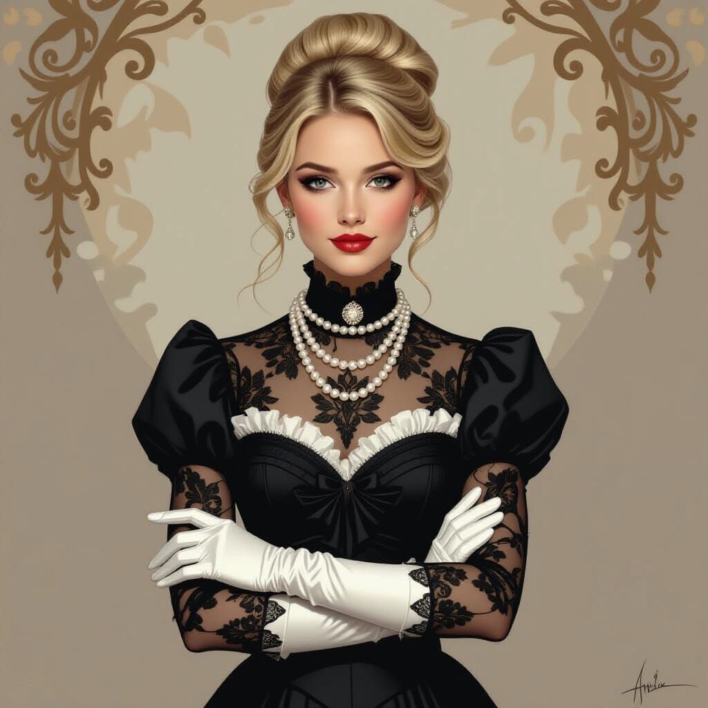 Elegant Woman in Black Lace Dress with Pearl Necklace