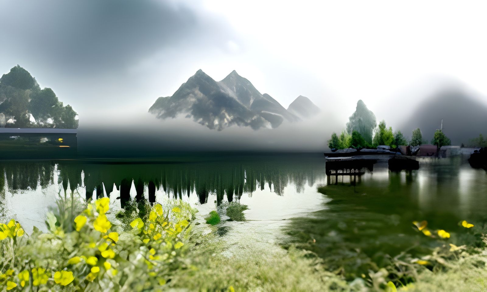 Foggy Lake and Mountain Range in Expressionist Style