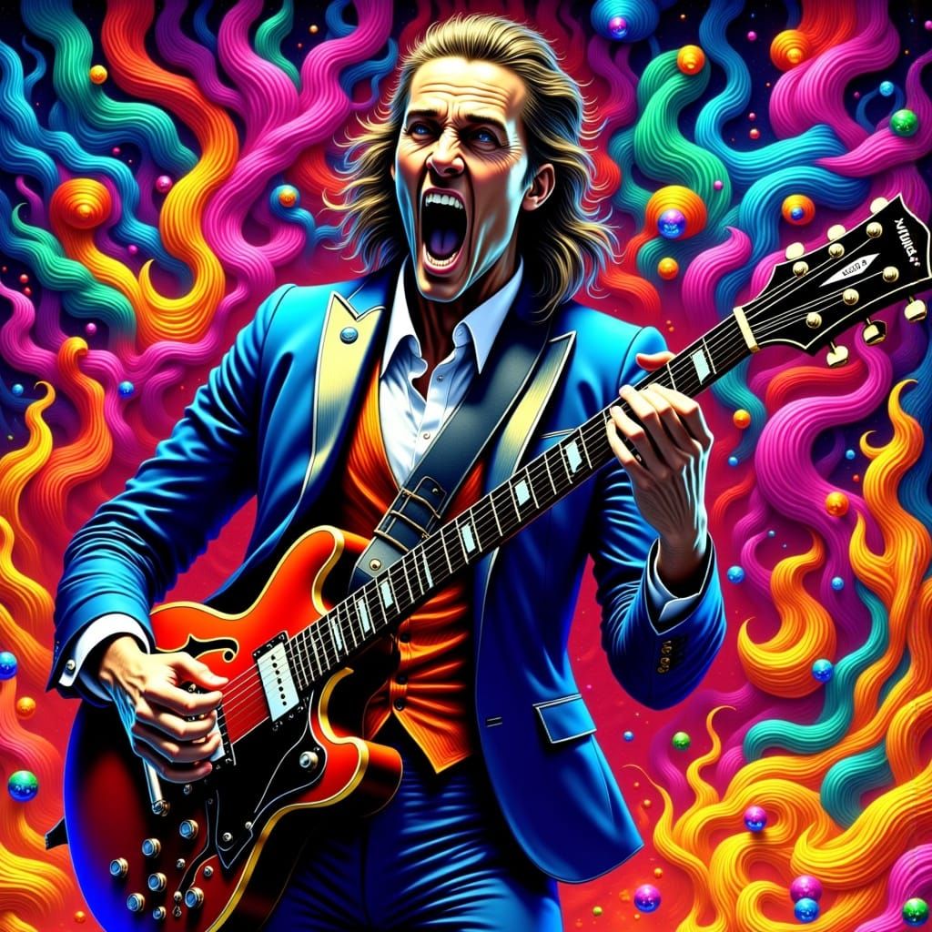 Man in Suit Plays Guitar in Vibrant, Swirling Patterns