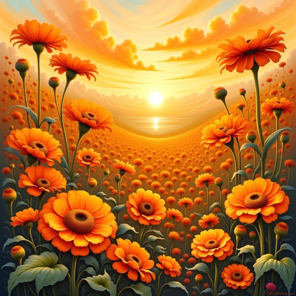 Impressionist Monochromatic Orange Garden at Sunset