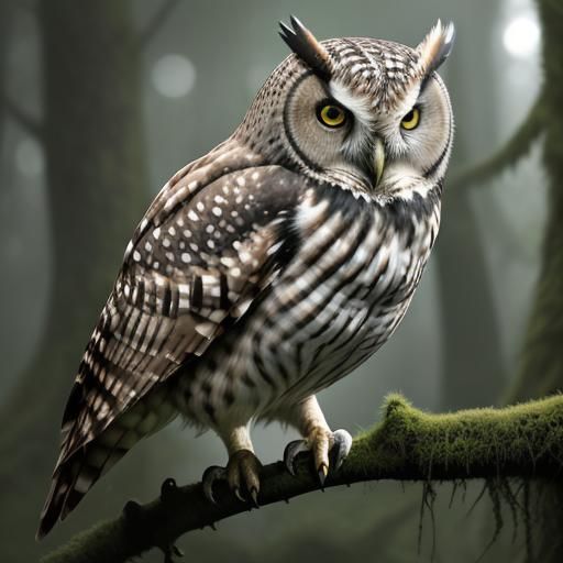 Wise Owl Perched on Mossy Branch in Misty Forest