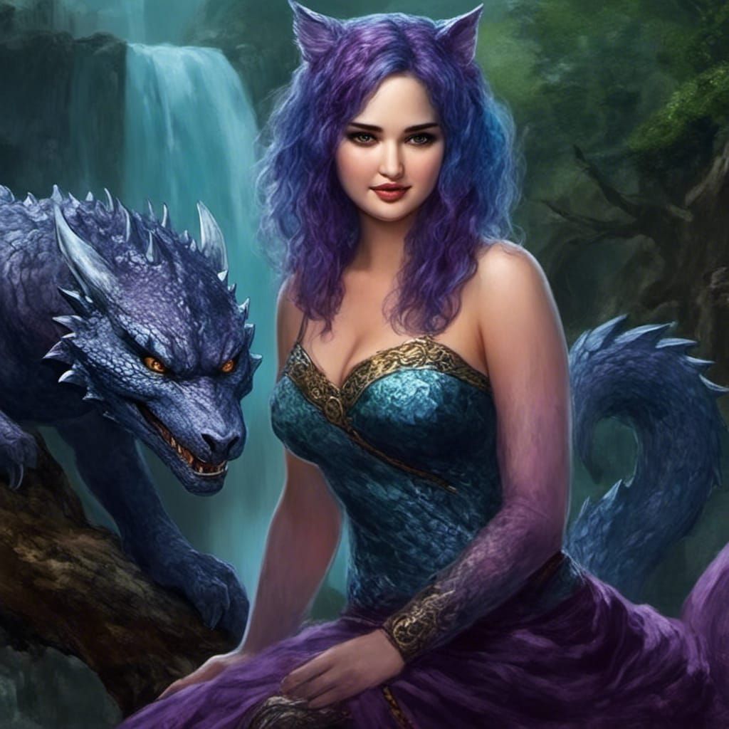 Hypercolorful Catgirl with Baby Dragon in Fantasy Scene