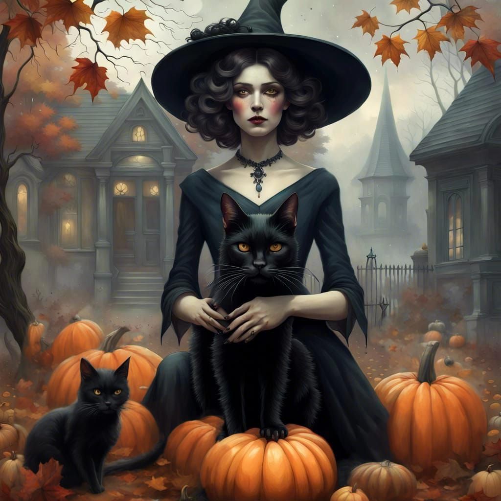 Halloween Witch and Black Cat in Art Nouveau Style
