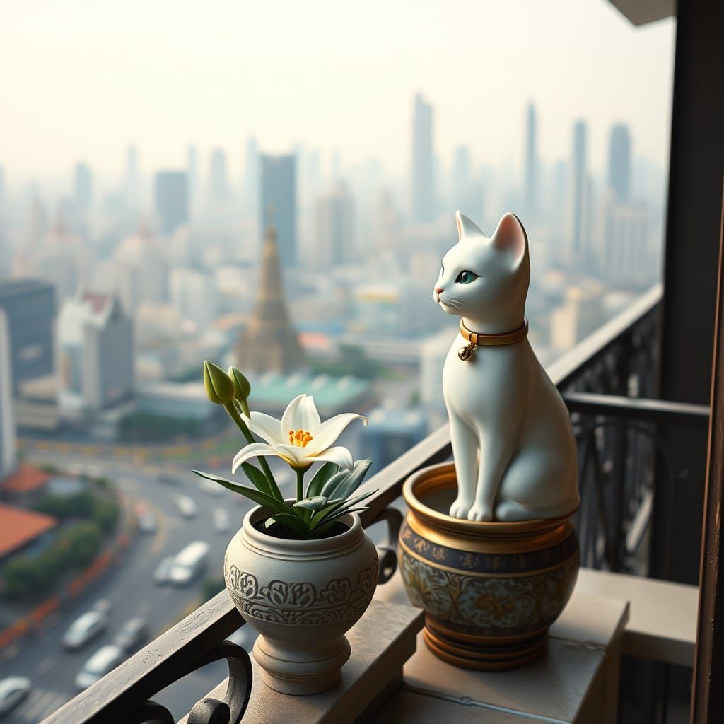 Porcelain Cat on Balcony Overlooking Smoggy Bangkok Skyline