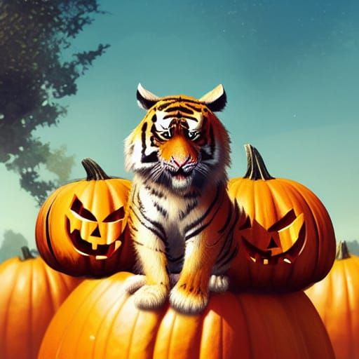 Cute Halloween Tiger on Pumpkin, Anime Style
