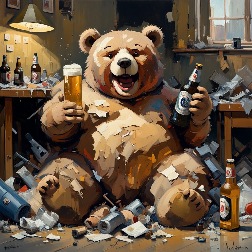 Obese Teddy Bear Enjoying Beer: Oil Painting