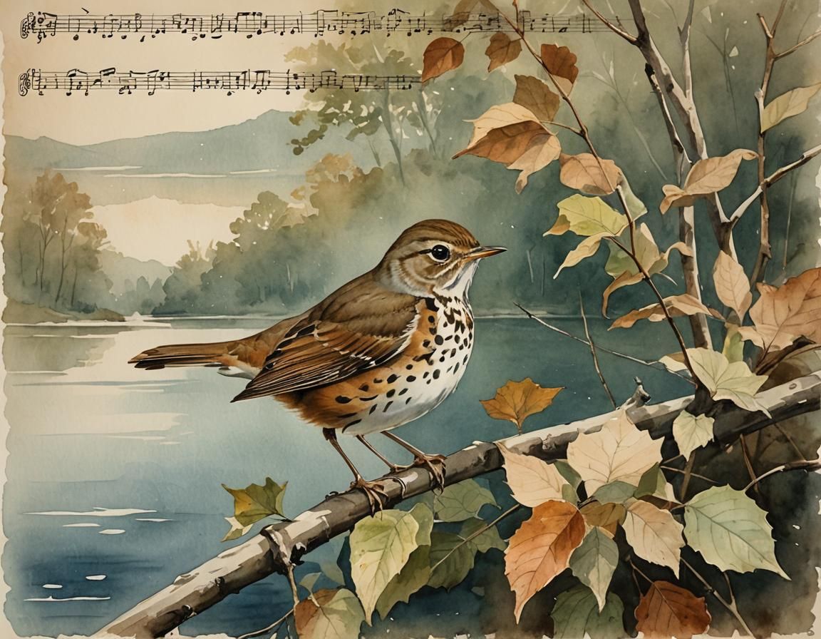 Hermit Thrush on Sheet Music, Watercolor Painting