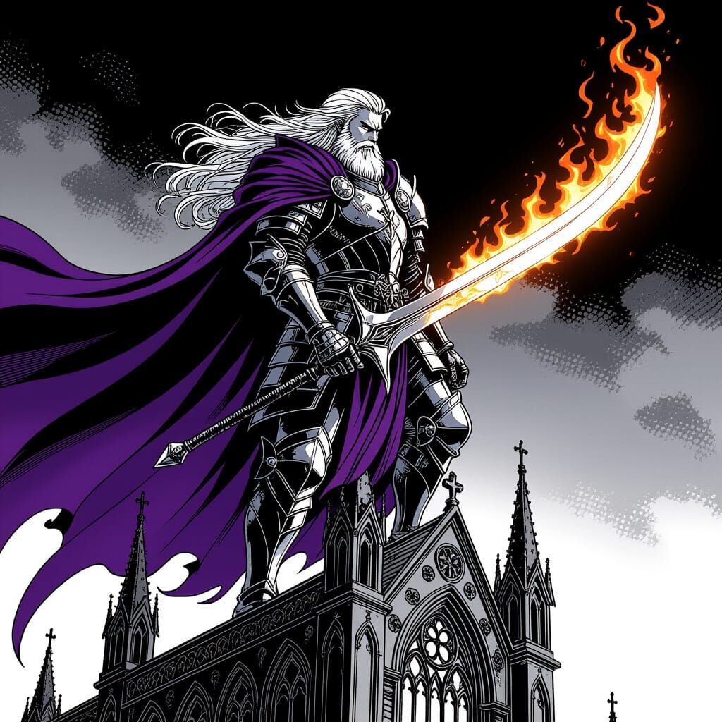 Angelic Warrior on Gothic Church: Manga Illustration