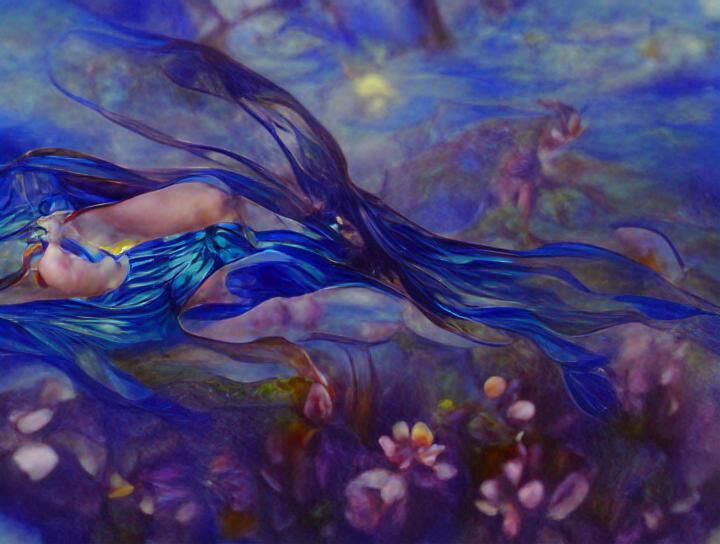 Blue Art Nouveau Nymph Casts Spring Spell