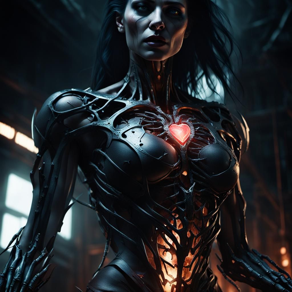 Cybernetic Heart Emerges from a Demon's Broken Chest