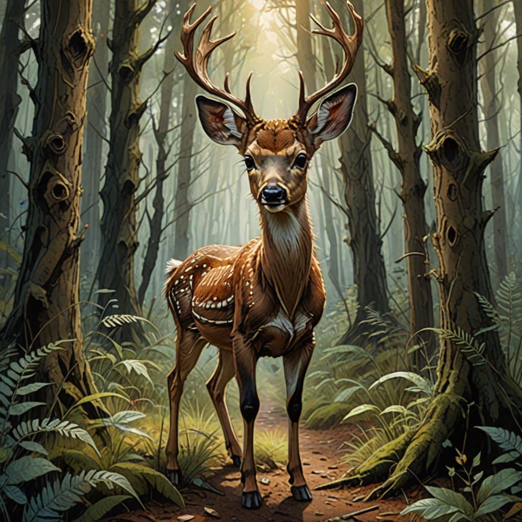 Watercolor vintage style a cute adorable baby roe deer, big ...