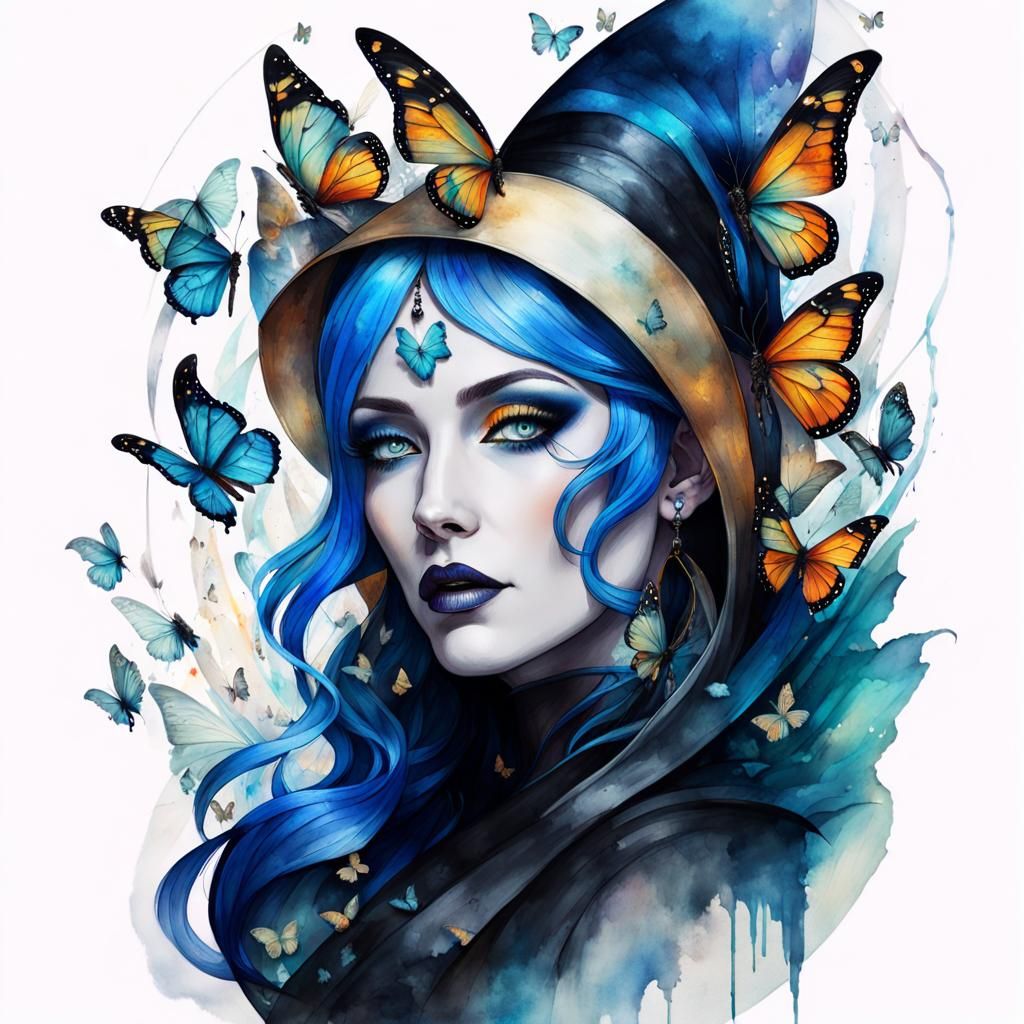 Blue-Haired Sorceress Portrait with Dream Catcher