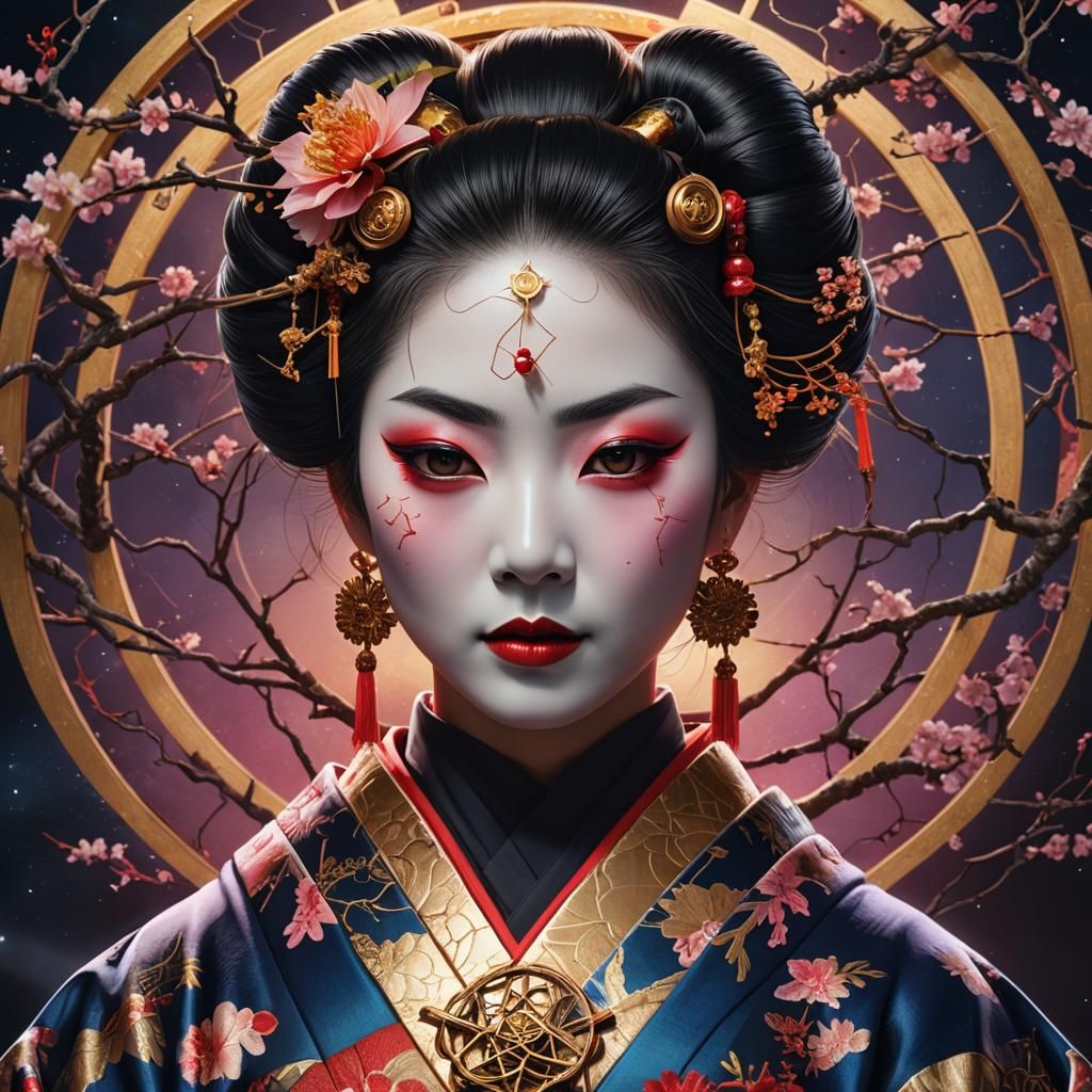 Geisha Portrait with Pentacle, Digital Art