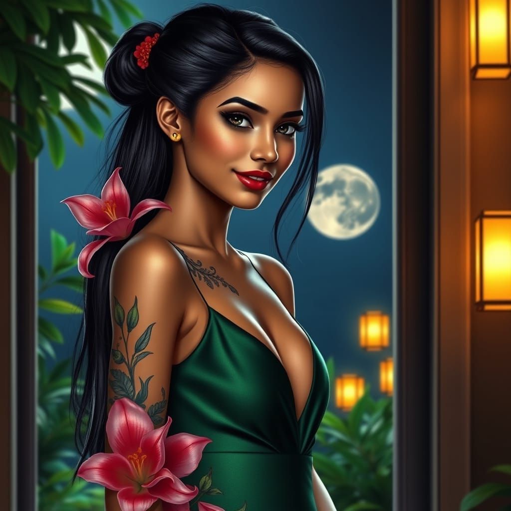 Elegant Portrait of Indian Woman with Floral Tattoo