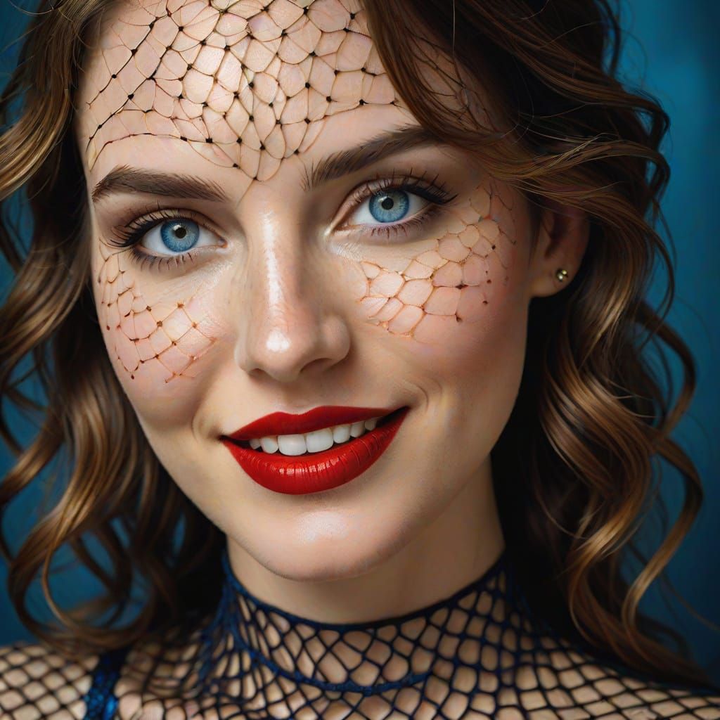 Young Woman Portrait with Fishnet Dress in Vibrant Colors