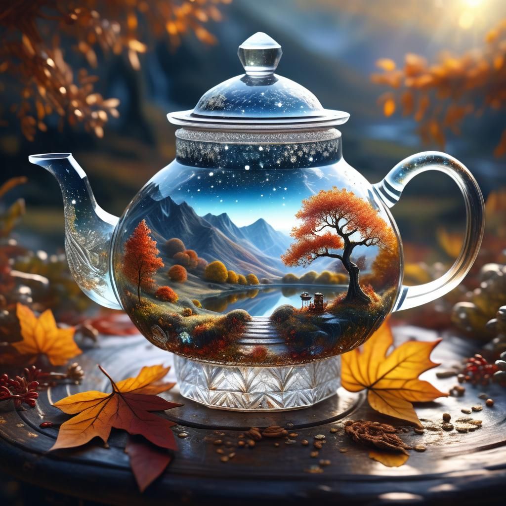 Starlit Autumn Landscape Flowing from Crystal Teapot