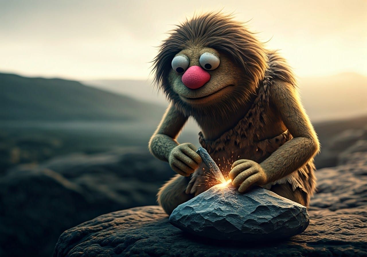 Kermit as a caveman chipping flints to make stone tools