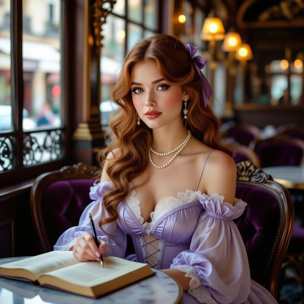 Elegant Woman at Parisian Cafe in Art Nouveau Style