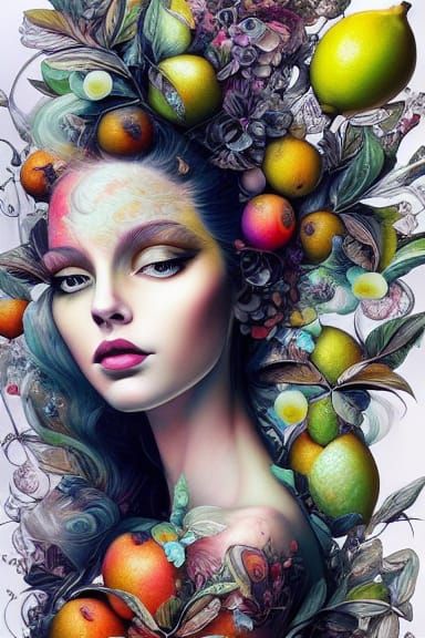 Hyperdetailed Fruit Portrait in Surreal Fantasy Style
