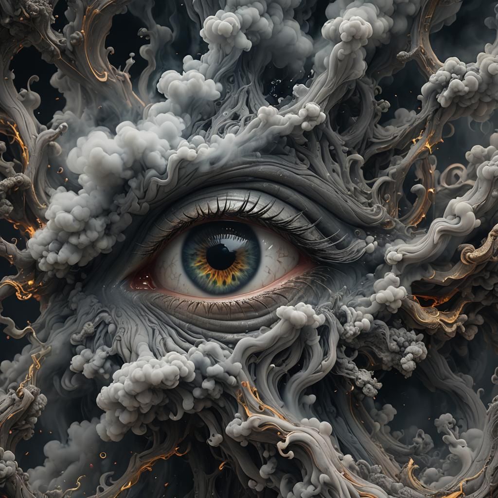 Gray Smoke Flows From an Eye in Detailed Matte Painting