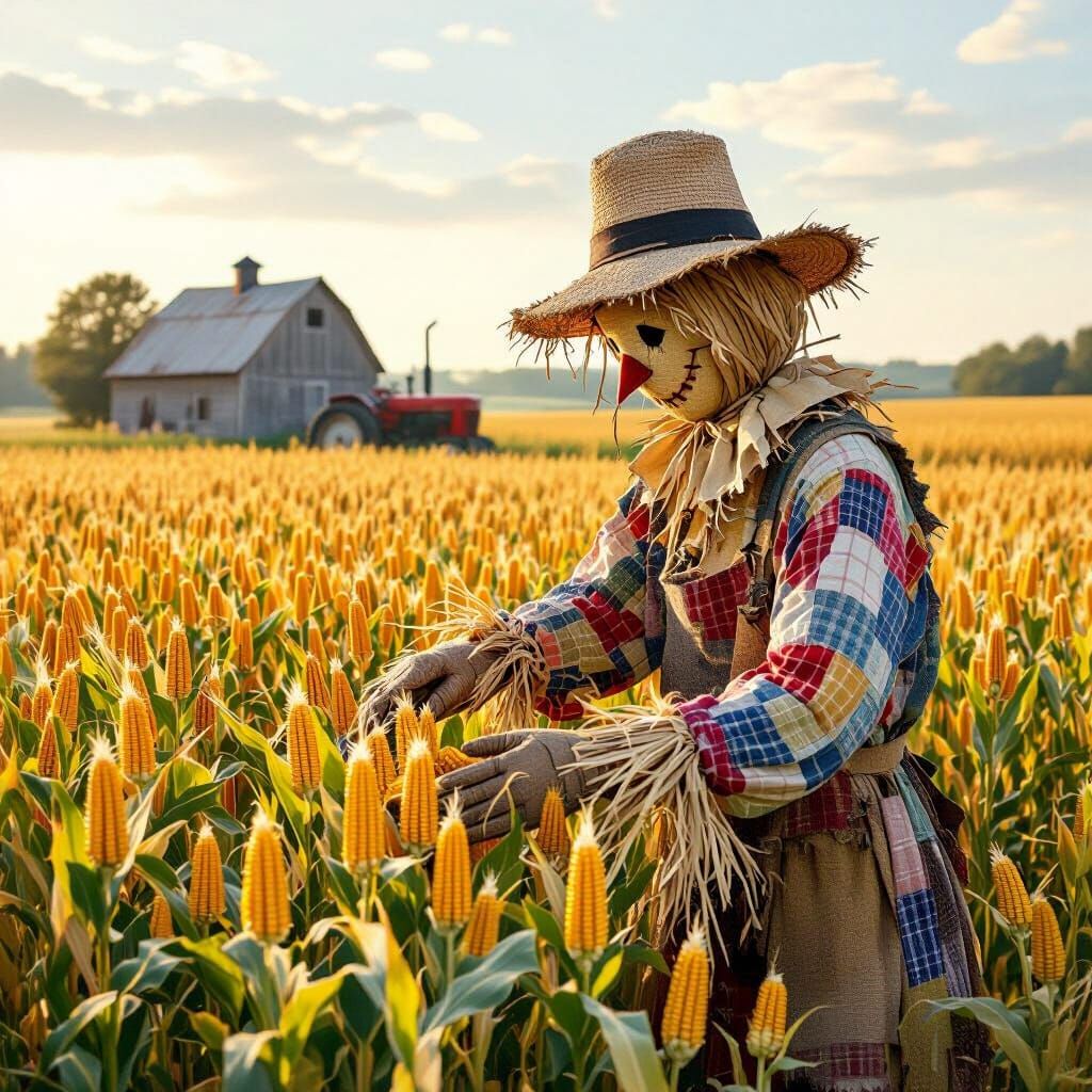 Whimsical Scarecrow Tending Golden Cornfield