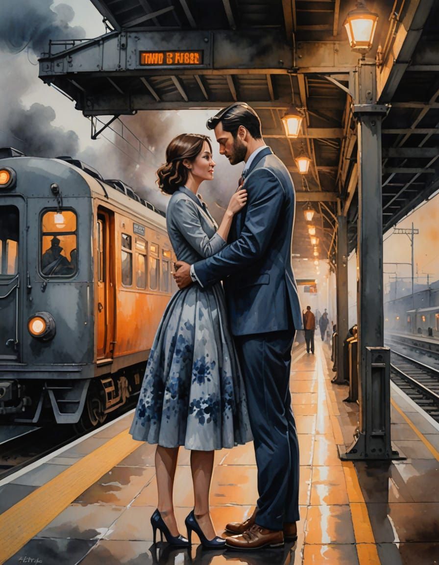 Watercolor Train Station Farewell in Warm Orange and Red Hue...