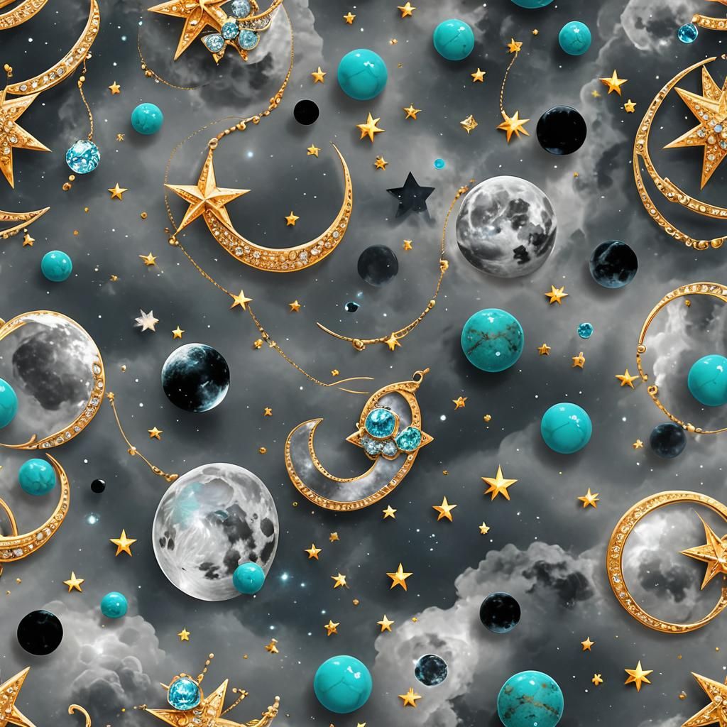 Crystal Crescent Moon with Planets in Turquoise Sky