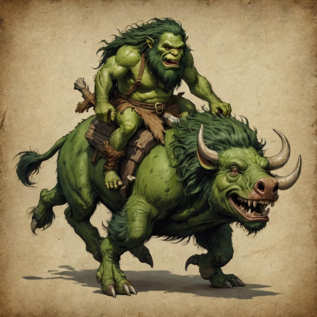 Caveman Troll Rides Bipedal Boar Creature