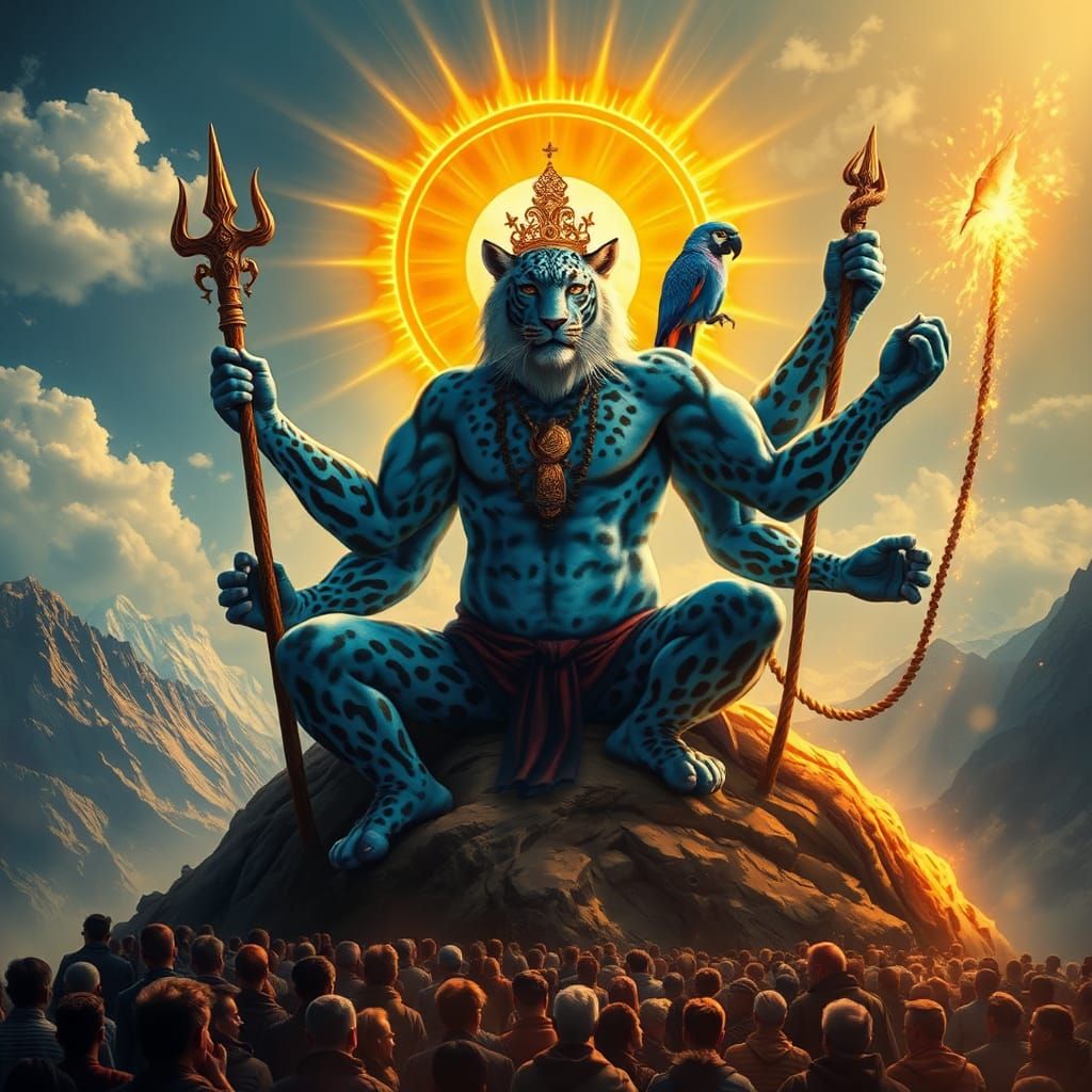 Celestial Leopard Shaman on Mountain in Surreal Style