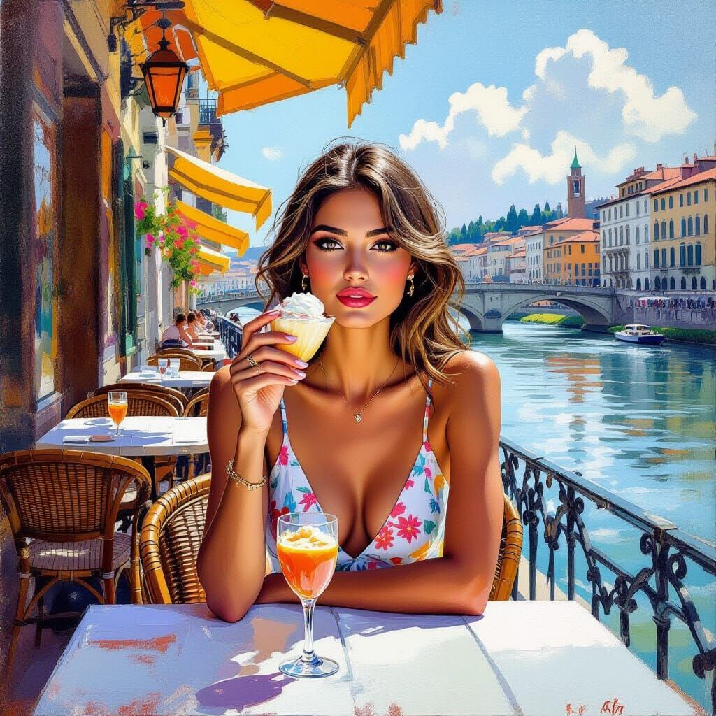 Woman with Gelato by Arno River in Florence