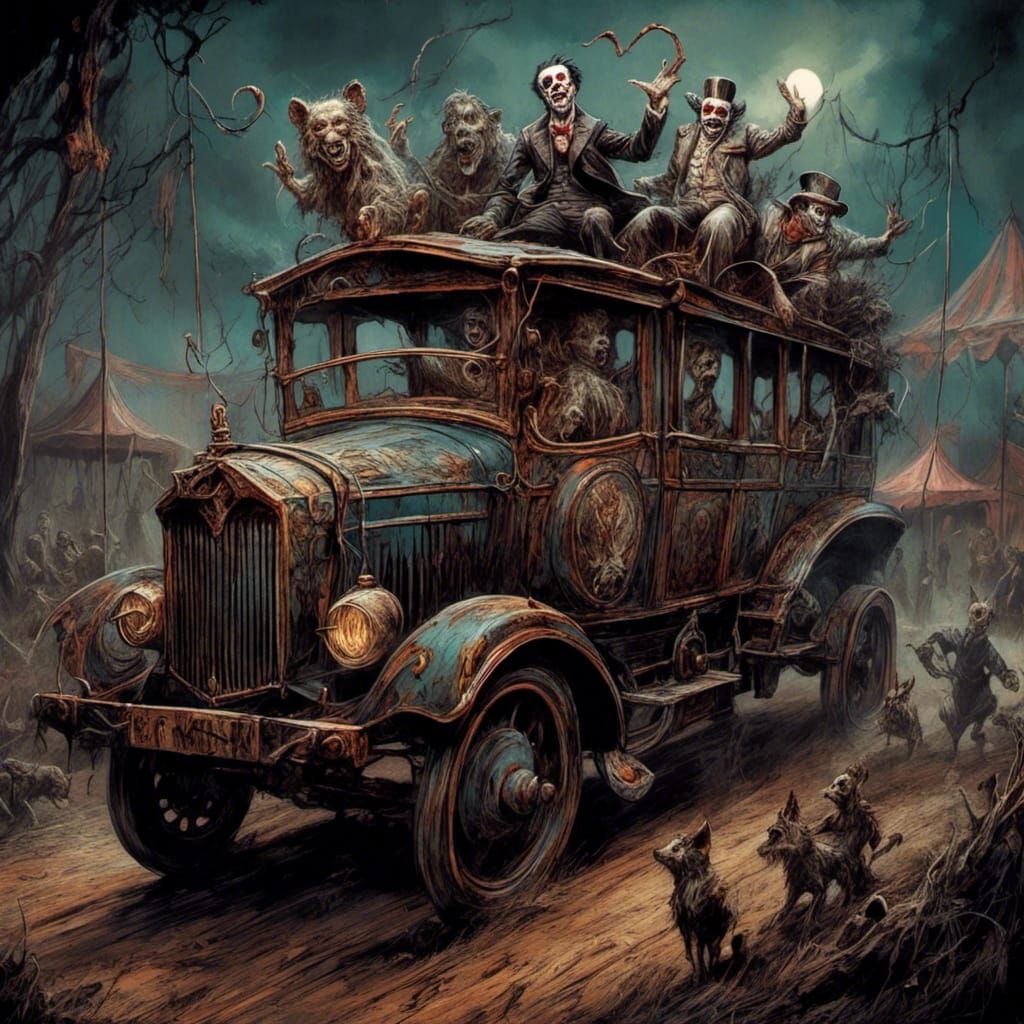 <lora:Eclipse:1.0> Creepy 1930’s circus clown and circus wagon Mark Brooks and Dan Mumford, comic book art, perfect, smo...