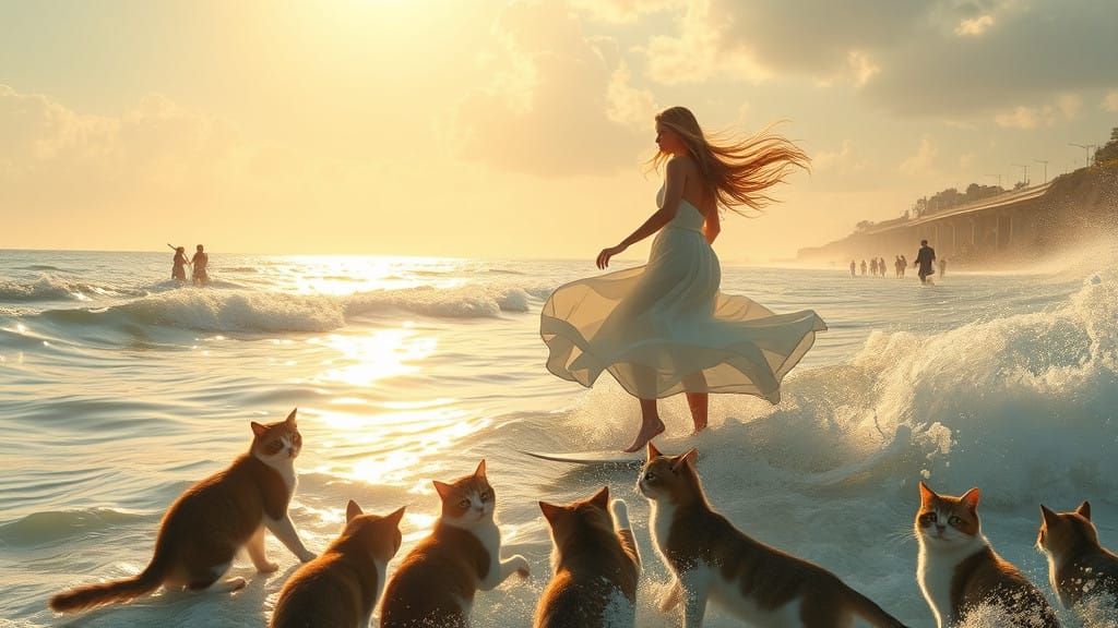 Serene Seaside Goddess Surfs the Waves with Feline Friends