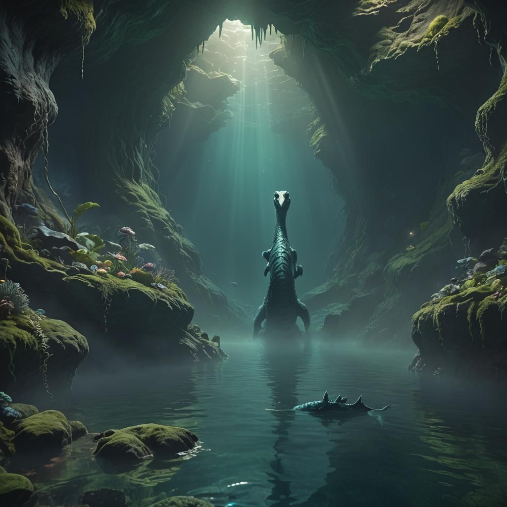 Loch Ness Monster in Mystical Underwater Cave