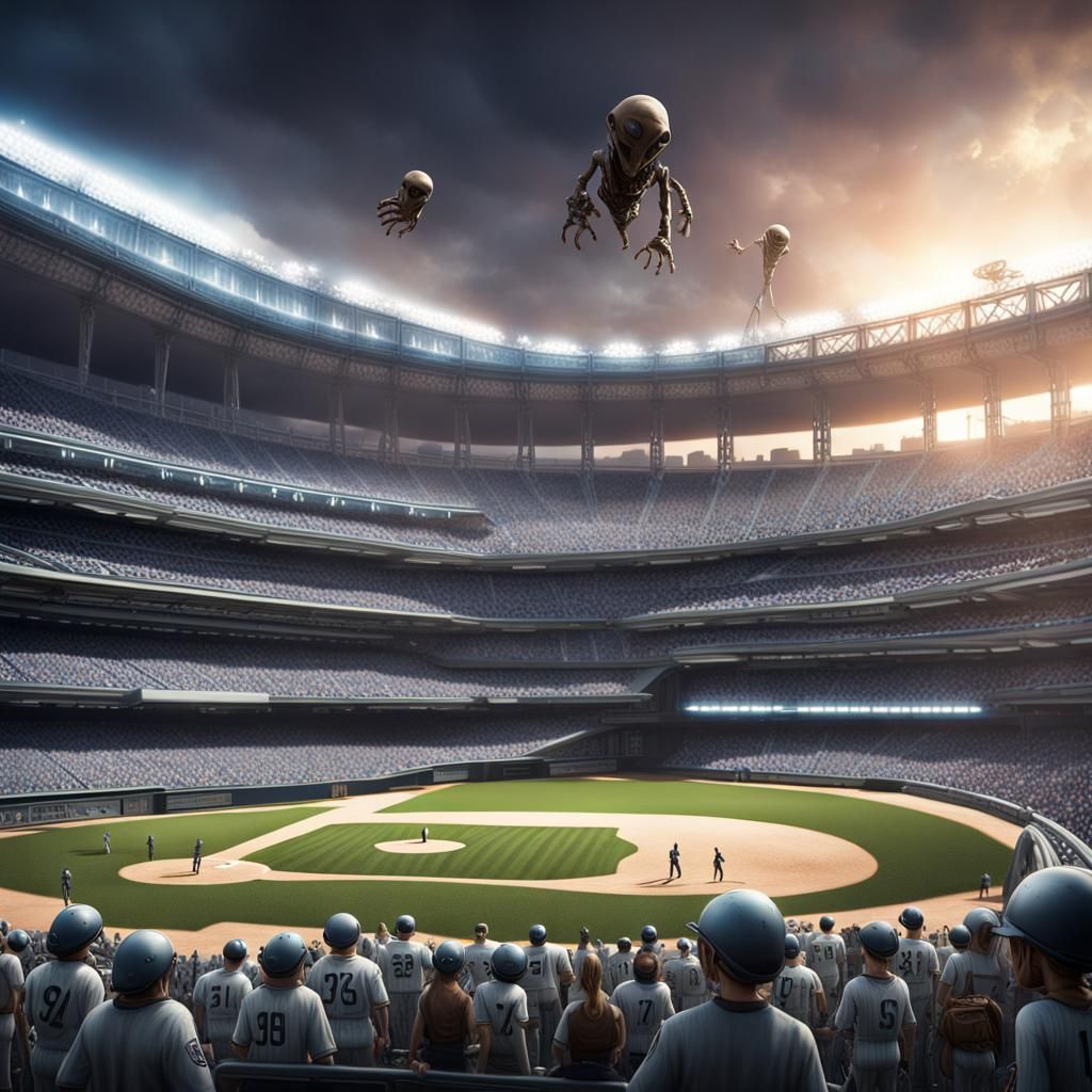 Aliens Play Baseball at Yankee Stadium: Digital Art
