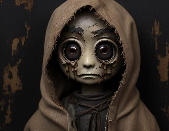 Eerie Chibi Puppet Boy in Grunge Oil Painting Style