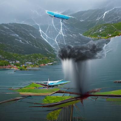 Hyperrealistic Airplane Struck by Lightning in Fjord