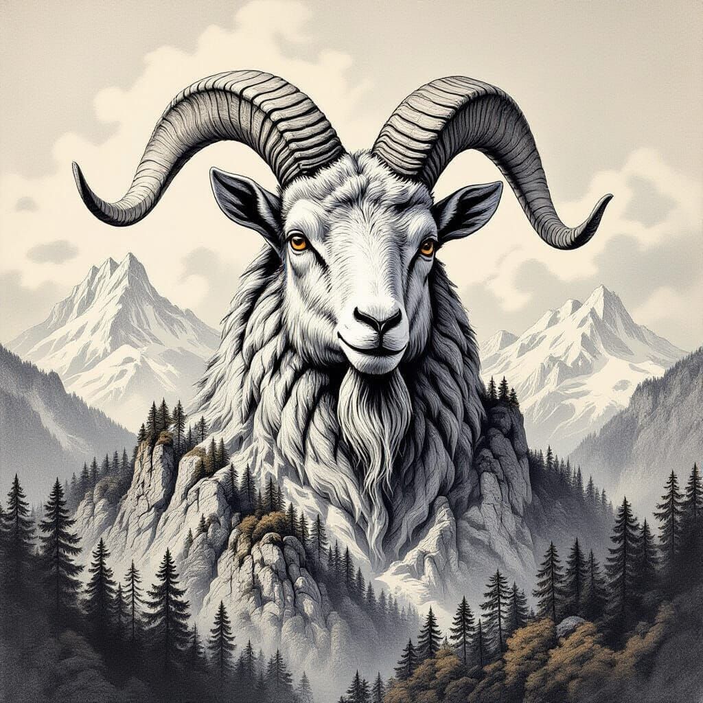 Mountain Carved as Goat Head in Charcoal Sketch Style