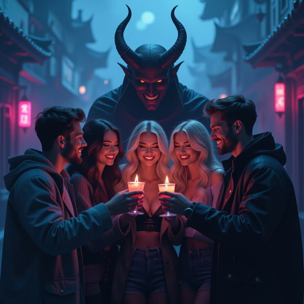 Friends' Pact with Demon in Dark Surrealism