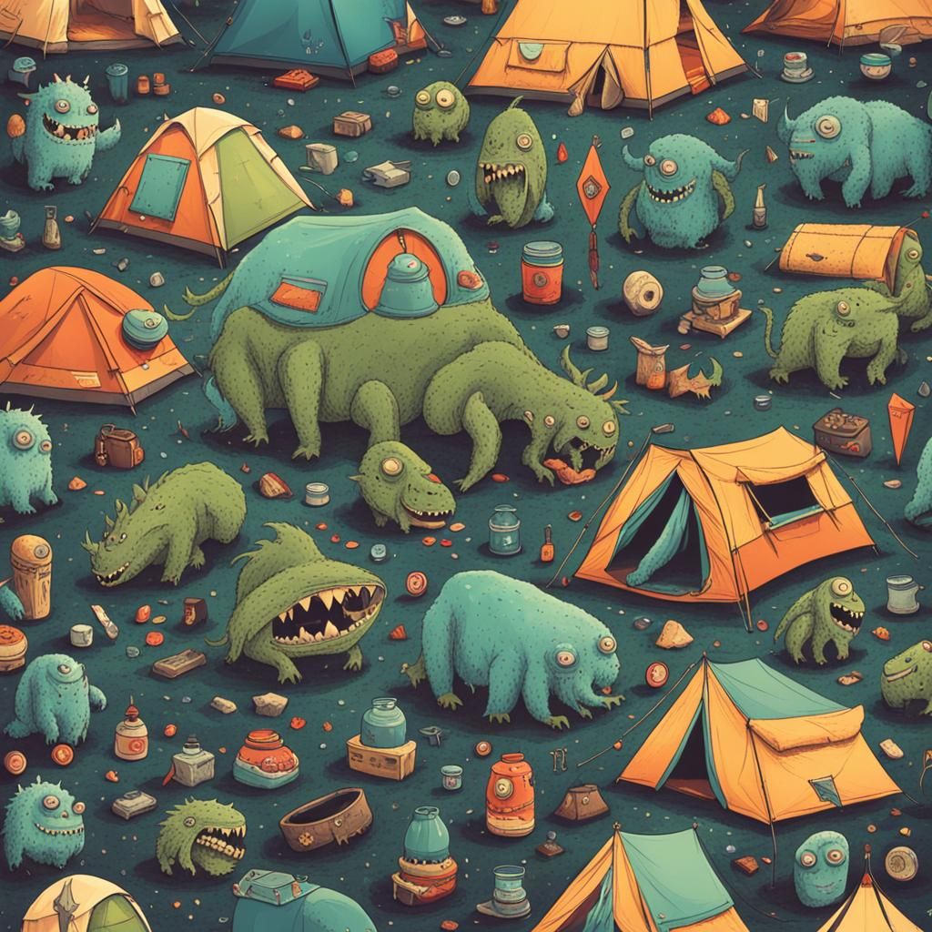 Surreal Camping Scene with Gem Accents