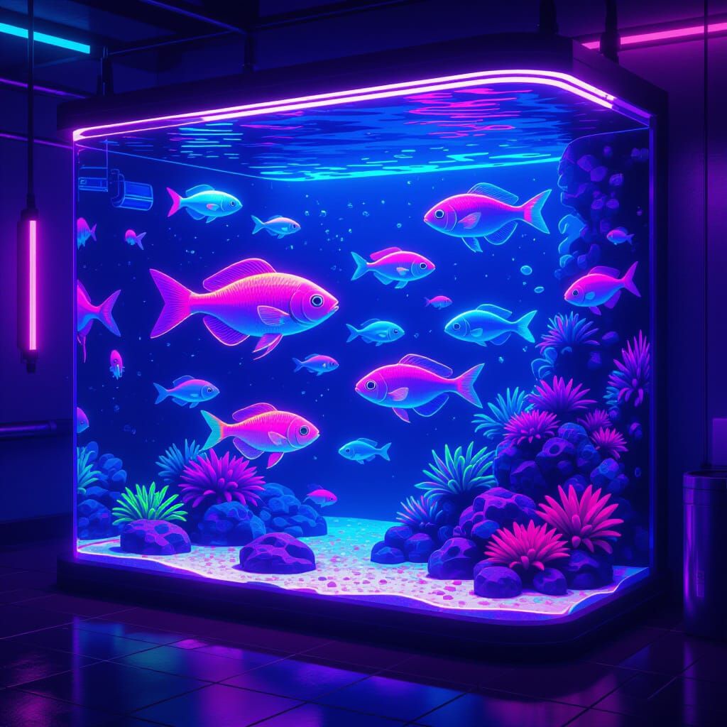 Neon Aquarium with Tropical Fish in Cyberpunk Style