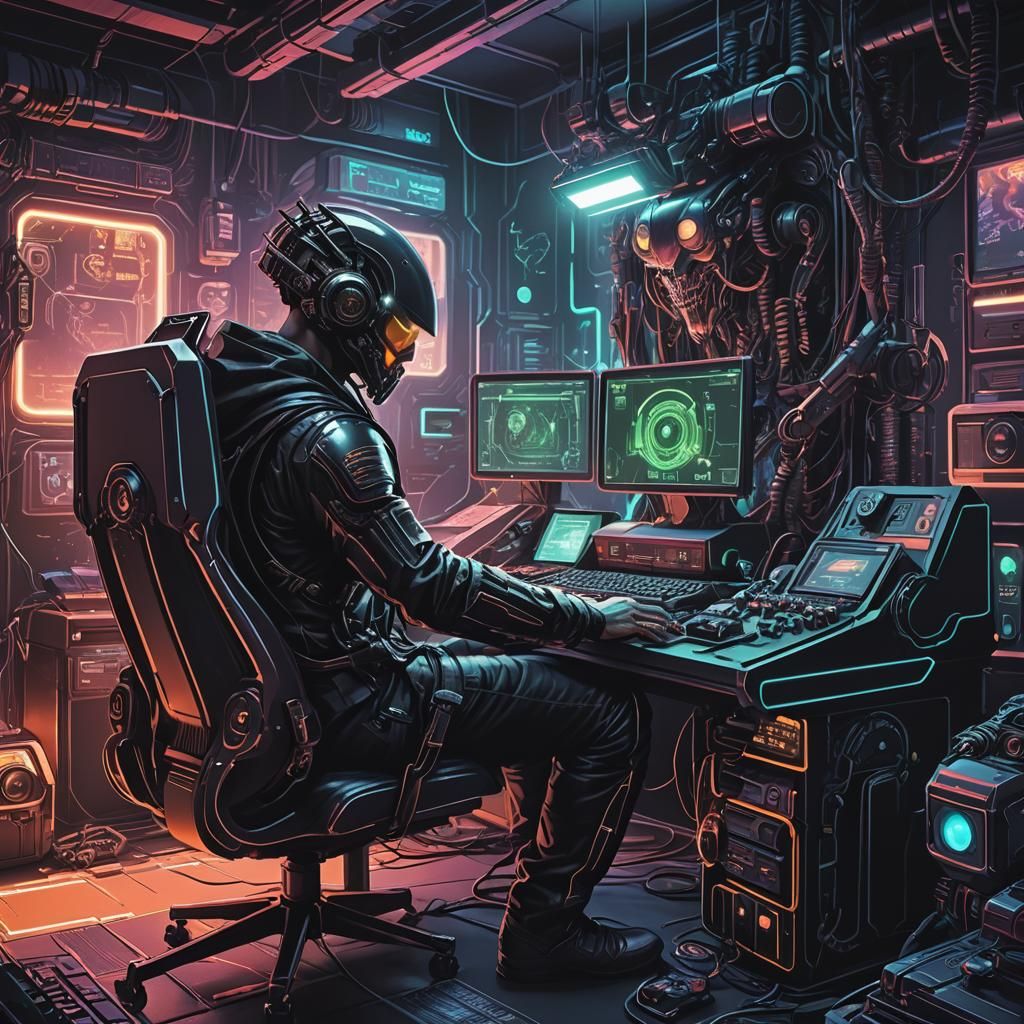 Cyberpunk Gamer Immersed in RPG, Neon Lights