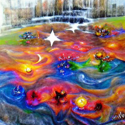 fountains of multicolored stars flow from the edge of the wo...
