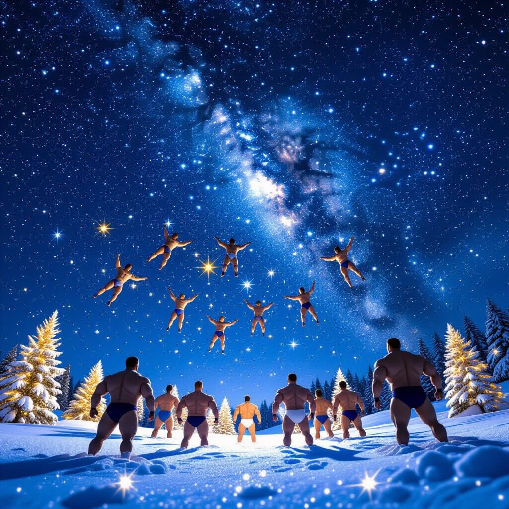 Bodybuilders Falling From Starry Night Sky